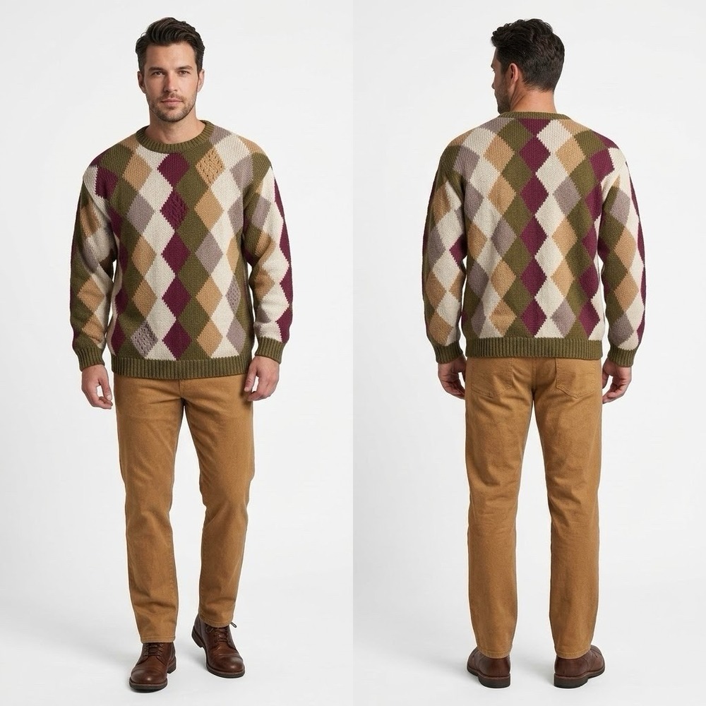 VTG Perry Ellis Mens Argyle Sweater Fall Autumn Earth Tone Cable Knit Warm Large